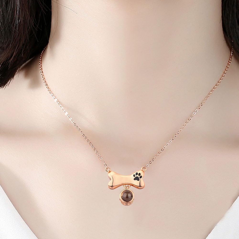 Personalized Photo Necklace Custom Photo Projection Necklaces Dog Bone with Paw Print Pendant Necklace with Picture Inside Pet Dog Cat Memorial Necklace for Pet Lover Women Men