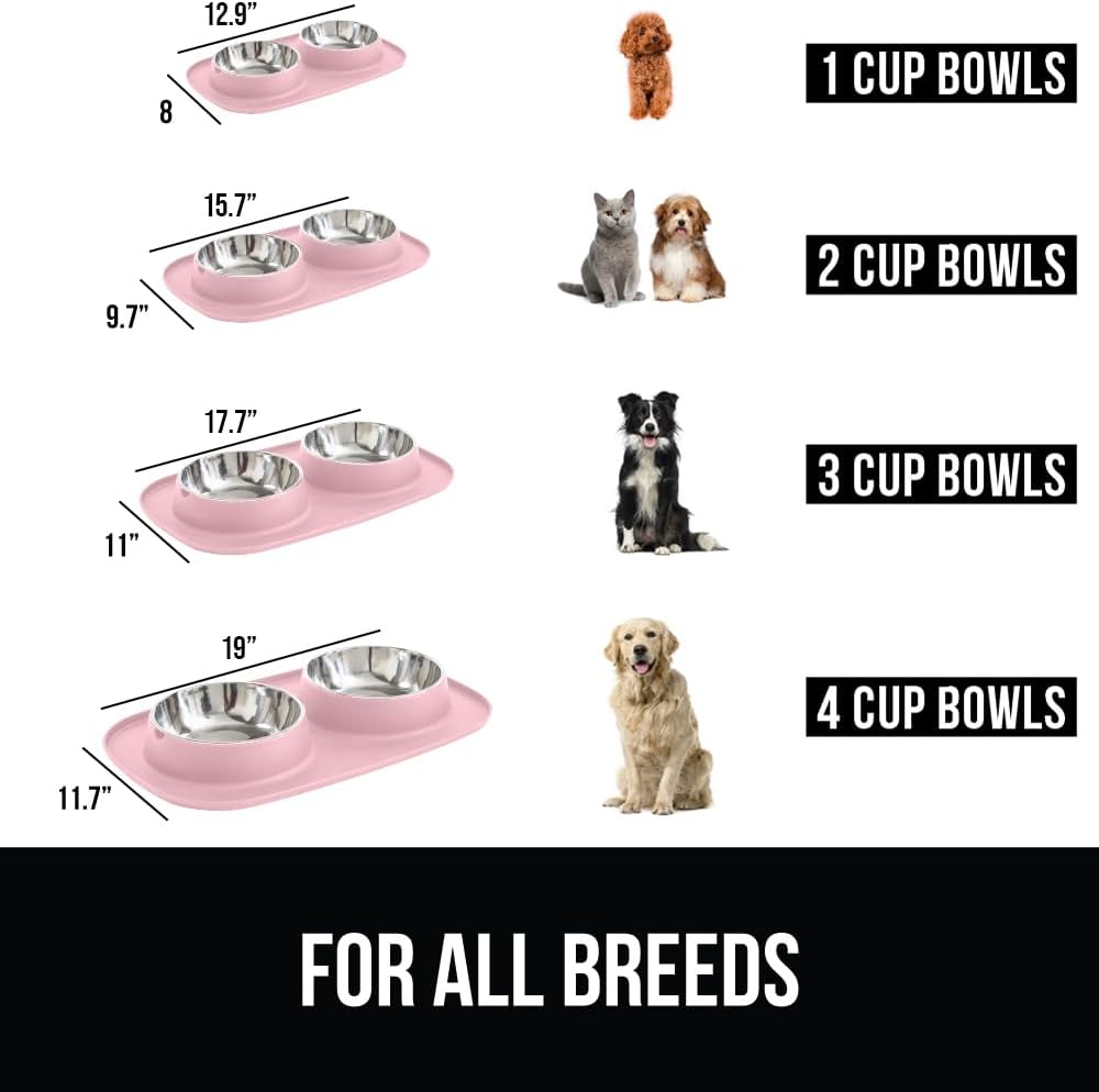 GORILLA GRIP Feeding Mat Set, Patent Pending 100% Waterproof BPA Free Silicone, Stainless Steel Cat and Dog Bowls, Slip Resistant, High Edges Catch Water, Food, US Designed Pet Accessories, 1 Cup Pink