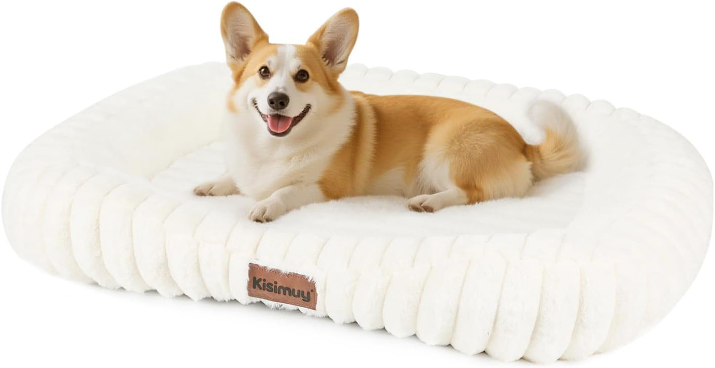 Cute Washable Medium Large Size Dog Bed, Orthopedic Rectangle Anti-Anxiety Medium Furry Dog Bed, Calming Bolster Puppy Bed with Durable Removable Zipper Cover, 30in, Cream