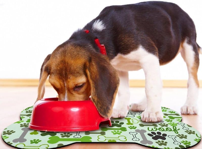 Dog Food Mats for Floors Waterproof, Pet Feeding Absorbent Water Bowl Mat Cat Placemats Green Bone Shape 19 * 12 inch