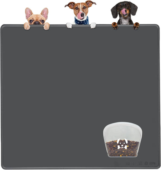 Extra Extra Large Silicone Dog Food Mat 39.4×43.3in and 128oz Silicone Bag Set, Super Size Waterproof Pet Feeding Mat & Container, Non-Slip, Chew-Resistant Floor Protection (Dark Grey&Clear)