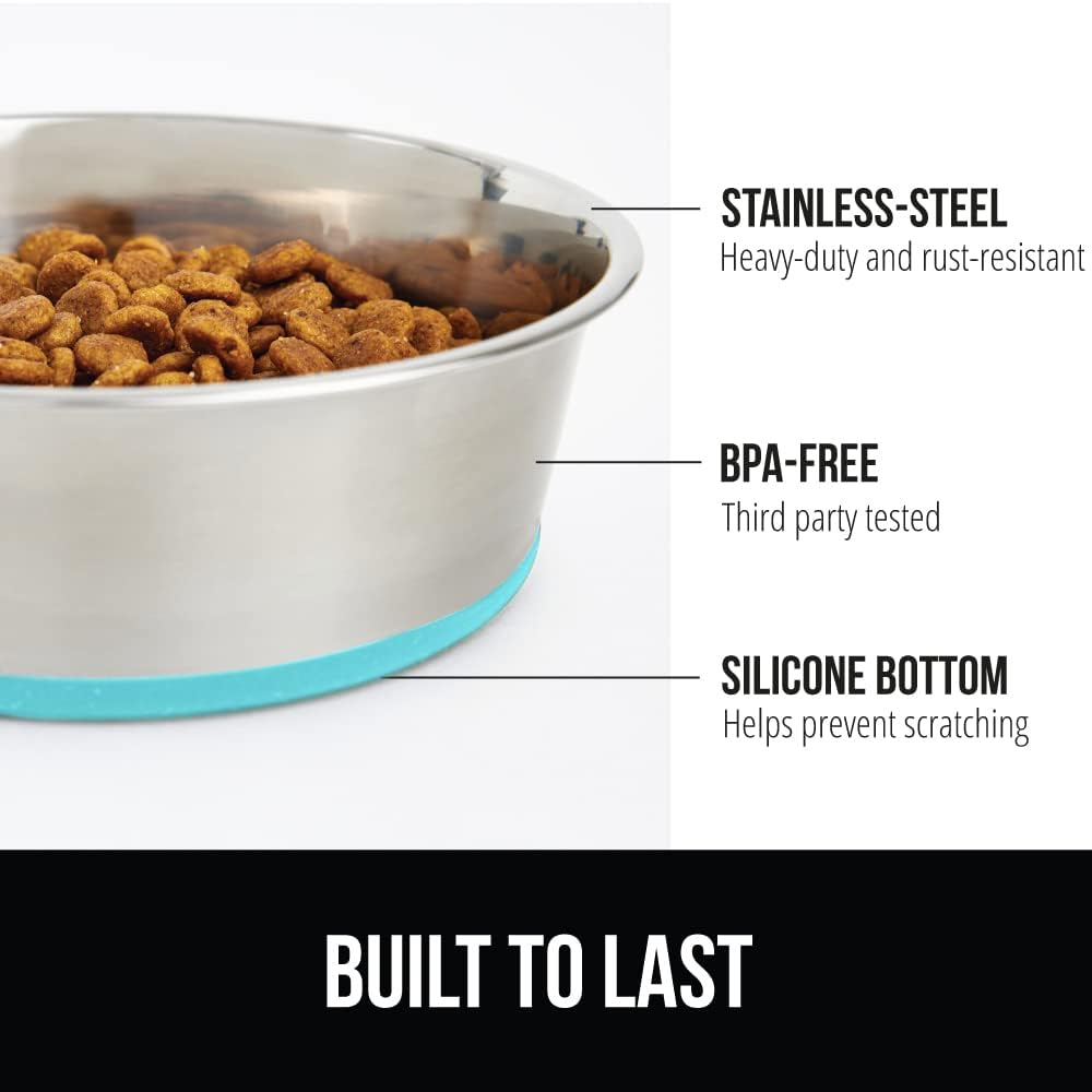 GORILLA GRIP Stainless Steel Metal Dog Bowl, Rubber Base, Heavy Duty Feeding Dish, Food Grade BPA Free, Less Sliding on Floors, Quiet Pet Bowl for Cats and Dogs, Holds 6 Cups (48 fl oz), Turquoise