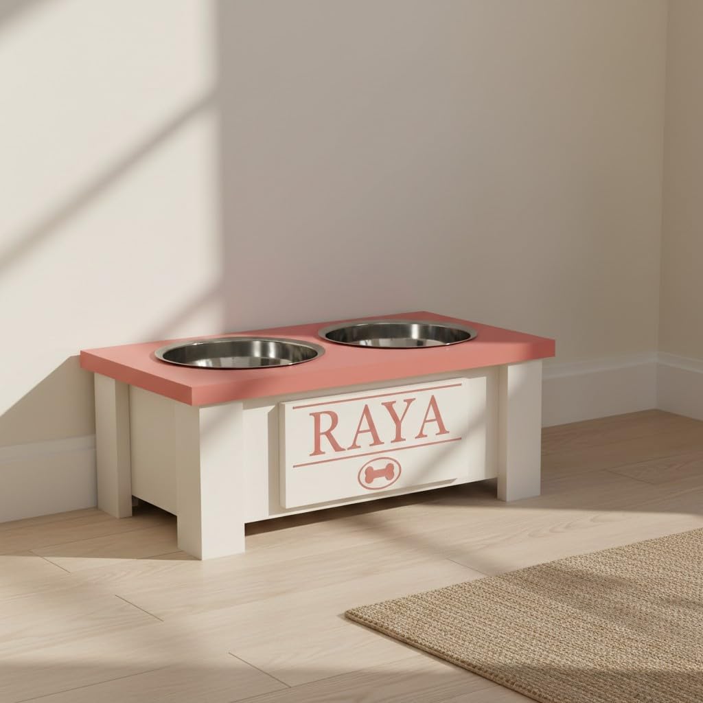 GrooveThis Woodshop - Personalized Elevated Dog Bowl Stand for Large, Medium, Small, X-Small Dogs - Stainless Steel Food and Water Bowls - Raised Dog Dish with Internal Storage (Small, Magenta)