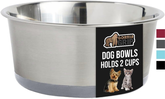 GORILLA GRIP Stainless Steel Metal Dog Bowl, Rubber Base, Heavy Duty Feeding Dish, Food Grade BPA Free, Less Sliding on Floors, Quiet Pet Bowl for Cats and Dogs, Holds 2 Cups (16 fl oz), Gray
