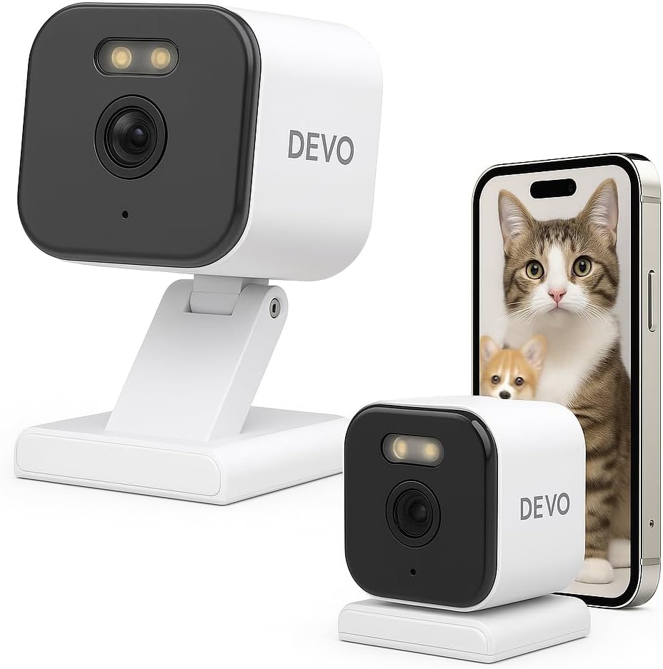 Devo Security Camera 2K | Indoor |Baby Monitor & Pet Camera | 2-Way Audio, Color Night Vision, Live Stream, Motion Alerts & Notifications White,1 Cam