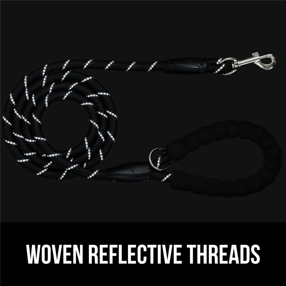 GORILLA GRIP Dog Leash, Heavy Duty Reflective Rope Leashes for Large, Medium, Small Breed Dogs, Puppy Training Essential for Walks, Hikes, Soft Handle, Rotating Metal Clip, Waste Bag Dispenser, Black