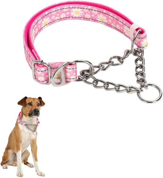 Chain Martingale Collar for Dogs，Stainless Steel No Pull Slip Cinch Choker Choke Collar Training Escape Proof Heavy Duty Dog Collar for Small Medium Large Pet Girl Female Dogs，Pink Flower M