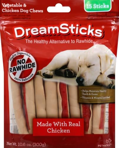 DreamBone DreamSticks With Real Chicken Chews For Dogs, 15 Count, These Easy-to-Digest Rawhide-Free Chews are a Dog’s Favorite Distraction
