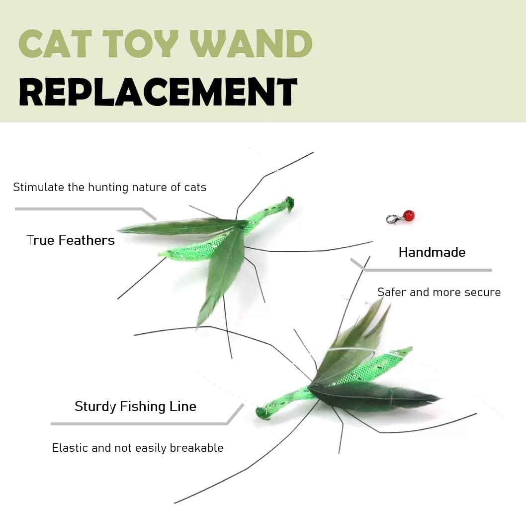 Cat Insect Feather Toys Replacement - 2 Pcs Handmade Natural Mantis - Cat Toy Wand Refills - Interactive Kitten Teaser Wand Attachments - Kitty Toys for Indoor Cats Play