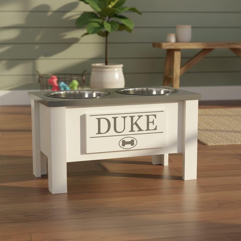 GrooveThis Woodshop - Personalized Elevated Dog Bowl Stand for Large, Medium, Small, X-Small Dogs - Stainless Steel Food and Water Bowls - Raised Dog Dish with Internal Storage (Large, Grey)