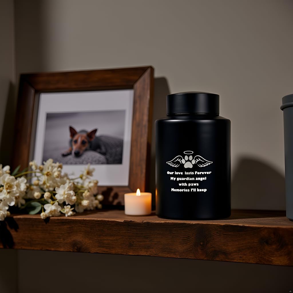 Pet Urn for Dogs or Cats Medium Size Black Metal Cremation Urn for Ashes, 3.85"x5.9" Elegant Memorial Keepsake for Pets up to 80 lbs Secure Screw-Top Lid – Personalized Tribute Design