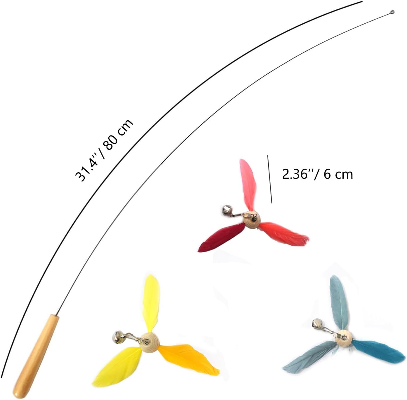 Cat Wands for Indoor Cats, Safe Teaser Wand with 3 Spinning Feather Propeller Attachments Interactive Cat Toys for Having Fun Exerciser Playing