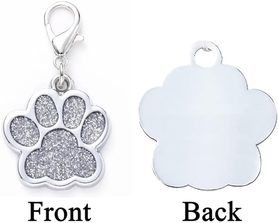 Cute Personalized Pet Name Tags for Cats/Dogs - Glitter Custom pet id tag, Dog id Tags Engraved for Pets, cat tag, pet Collar Charms, Dog Name tag (Paw-Shaped-Small: Silver)