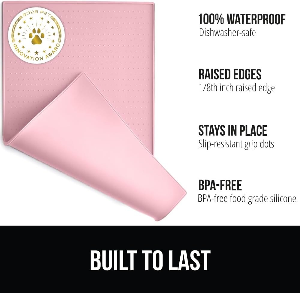 GORILLA GRIP 100% Waterproof Raised Edge BPA Free Silicone Pet Feeding Mat, Dog Cat Food Mats Contain Spills Protects Floors, Placemats for Cats and Dogs Water Bowl, Pets Accessories 16x10, Pink
