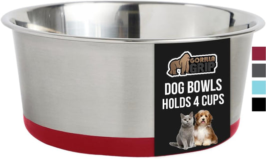 GORILLA GRIP Stainless Steel Metal Dog Bowl, Rubber Base, Heavy Duty Feeding Dish, Food Grade BPA Free, Less Sliding on Floors, Quiet Pet Bowl for Cats and Dogs, Holds 4 Cups (32 fl oz), Red