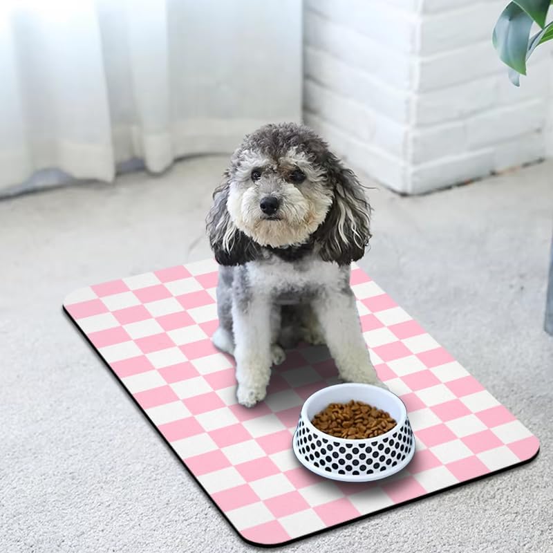 Dog Food Mats for Floors Waterproof, Pet Water Bowl Mats Pet Feeding Absorbent Placemats Plaid 17 * 30 inch