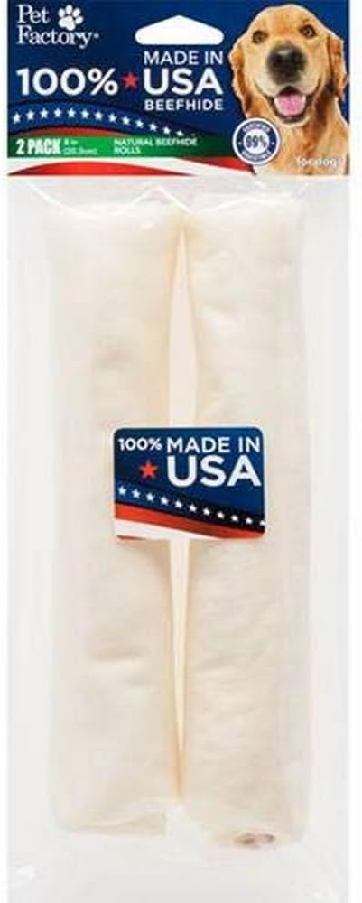 Pet Factory 100% Made in USA Beefhide 8" Rolls Dog Chew Treats - Natural Flavor, 2 Count/1 Pack
