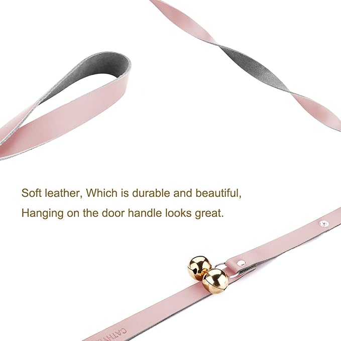 Leather Dog Doorbells for Door Knob/Potty Training/Go Outside, Length Adjustment Copper Dog Bell, Housetraining Hanging Bell, Pink Leather Golden Bells - 2 Pack.