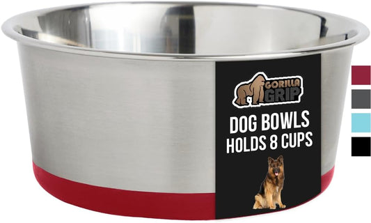 GORILLA GRIP Stainless Steel Metal Dog Bowl, Rubber Base, Heavy Duty Feeding Dish, Food Grade BPA Free, Less Sliding on Floors, Quiet Pet Bowl for Cats and Dogs, Holds 8 Cups (64 fl oz), Red