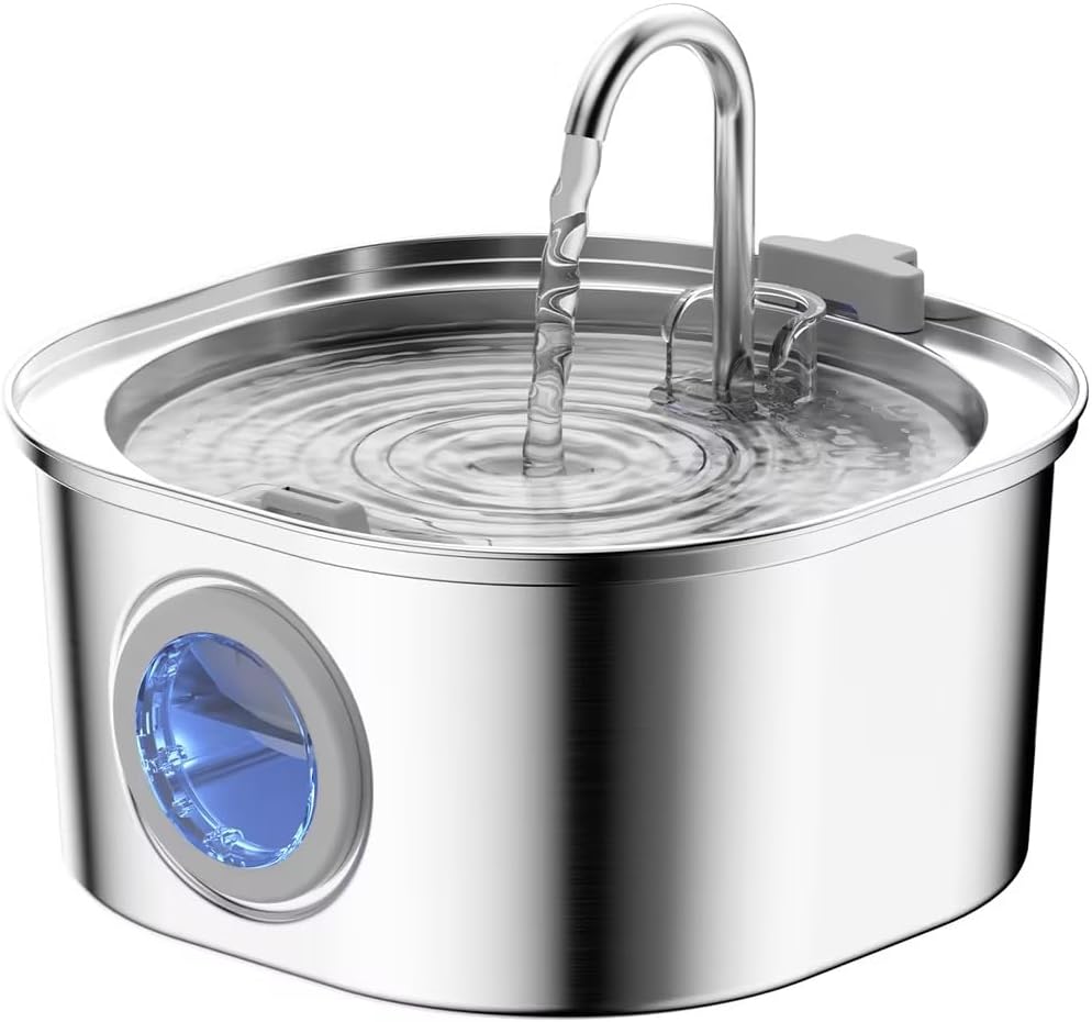 Cat Water Fountain Stainless Steel, 3.2L/108oz Cat Water Dispenser with Quiet Water Pump and Water-Level Window, Dishwasher Safe Pet Drinking Fountain for Cats Indoor with Replacement Filter