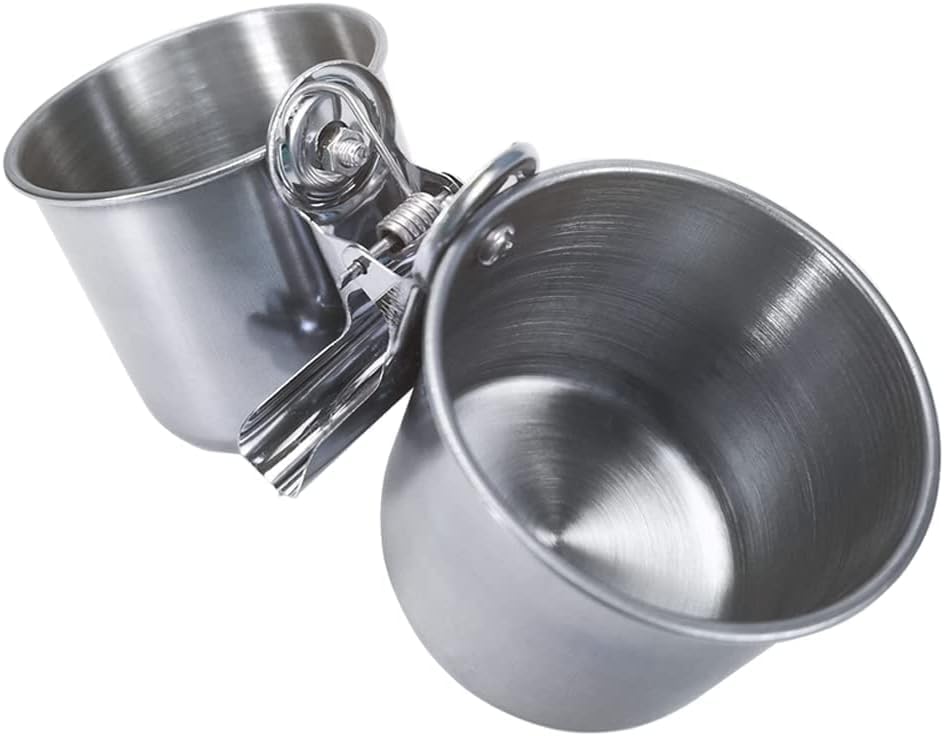 Bird Feeder Cups with Clamp Mount on Standing Perch, 2 Stainless Steel Cups for Food and Water, Compatible for halinfer's All Bird Carrier and Backpack Wooden and Rope Perch