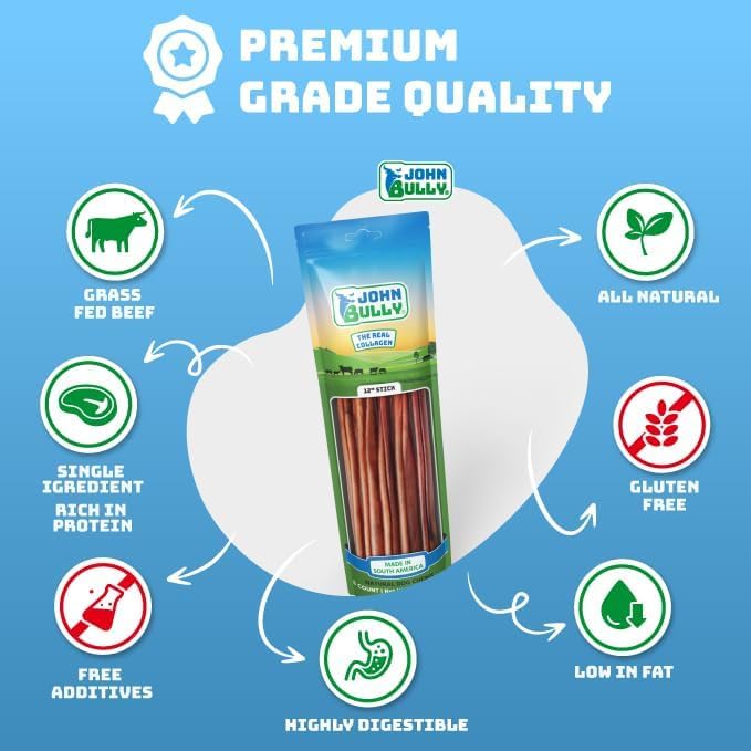 john bully Collagen Stick 12" 5PK, The Best Option for Your Dog, 100% Natural, Rich in Protein, Highly Digestible, Gluten Free,Premium Grade Quality,Odor Free The Real Collagen