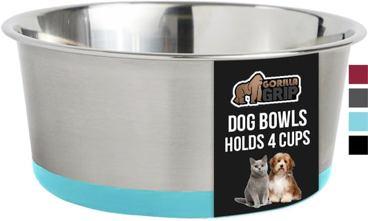 GORILLA GRIP Stainless Steel Metal Dog Bowl, Rubber Base, Heavy Duty Feeding Dish, Food Grade BPA Free, Less Sliding on Floors, Quiet Pet Bowl for Cats and Dogs, Holds 4 Cups (32 fl oz), Turquoise