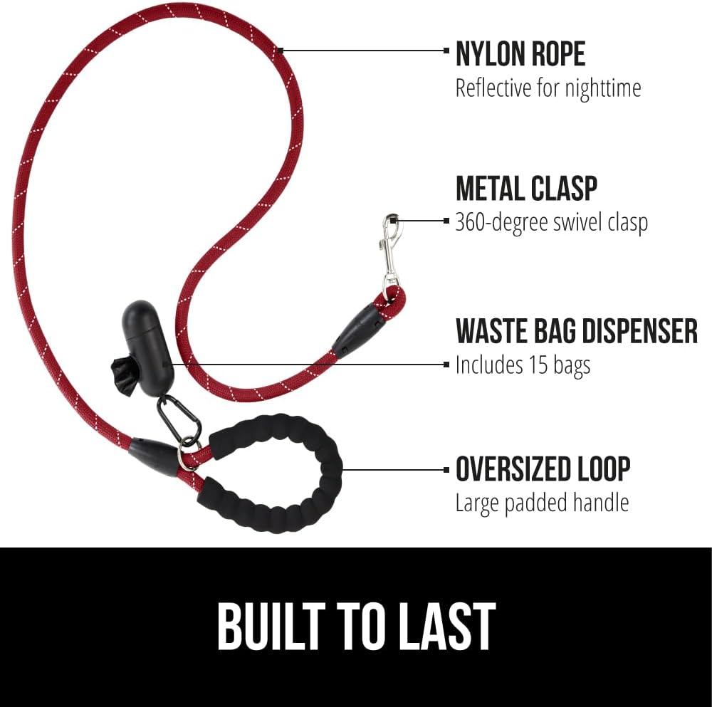 GORILLA GRIP Dog Leash, Heavy Duty Reflective Rope Leashes for Large, Medium, Small Breed Dogs, Puppy Training Essential for Walks, Hikes, Soft Handle, Rotating Metal Clip, Waste Bag Dispenser, Red