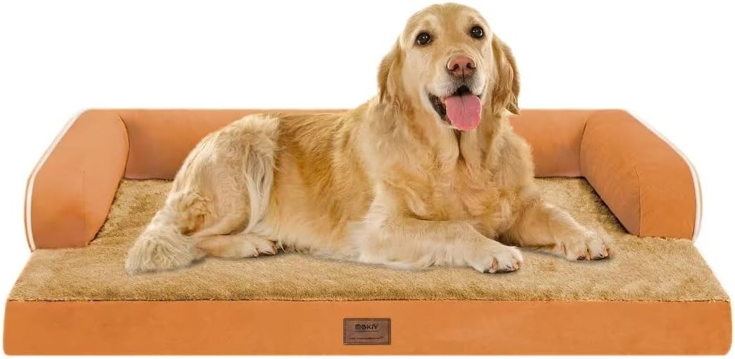 Large Dog Bed Orthopedic Washable, Orthopedic Dog Beds for Large Dogs with Washable Cover, Removable Bolster and Non-Slip Bottom Orange Pet Beds, XL XLarge Extra Large Dogs