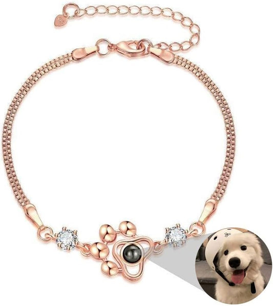 OPALSTOCK Personalized Pet Photo Necklace, Custom Photo Charm Projection Necklace Dog Cat Paw Pendant Pet Memorial Jewelry