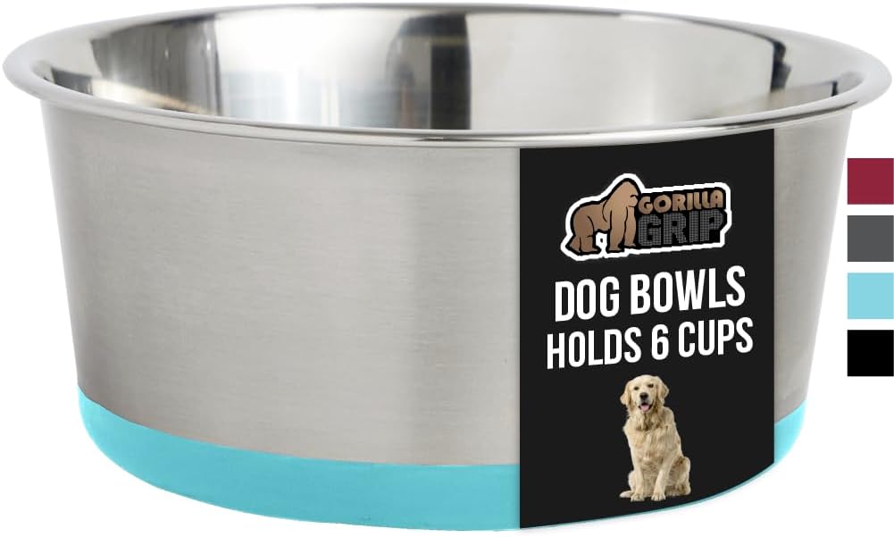 GORILLA GRIP Stainless Steel Metal Dog Bowl, Rubber Base, Heavy Duty Feeding Dish, Food Grade BPA Free, Less Sliding on Floors, Quiet Pet Bowl for Cats and Dogs, Holds 6 Cups (48 fl oz), Turquoise