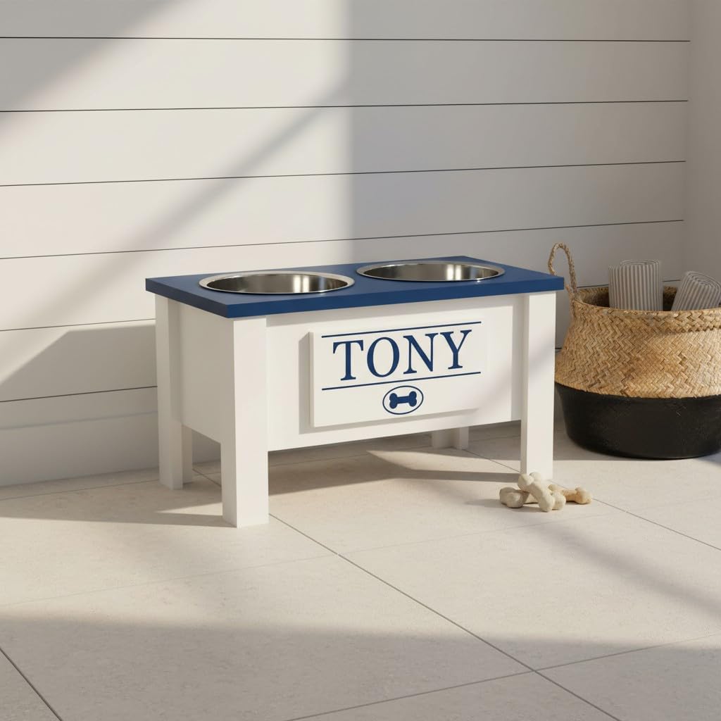 GrooveThis Woodshop - Personalized Elevated Dog Bowl Stand for Large, Medium, Small, X-Small Dogs - Stainless Steel Food and Water Bowls - Raised Dog Dish with Internal Storage (Large, Blue)
