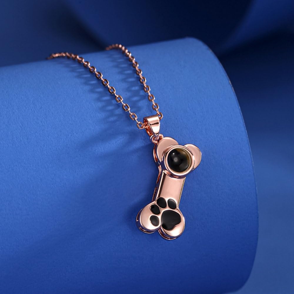 Personalized Photo Necklace Custom Photo Projection Necklaces Dog Bone with Paw Print Pendant Necklace with Picture Inside Pet Dog Cat Memorial Necklace for Pet Lover Women Men