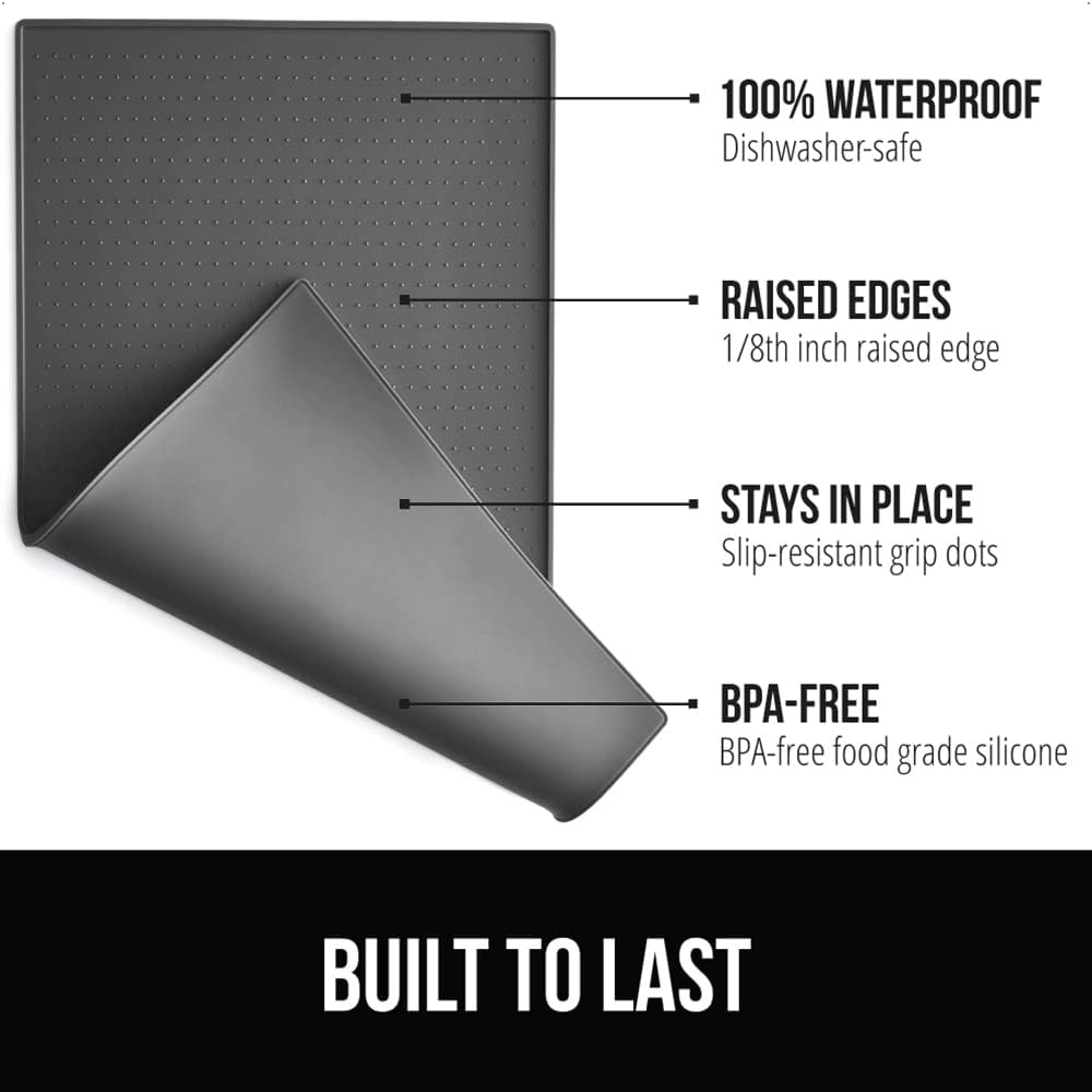 GORILLA GRIP 100% Waterproof Raised Edge BPA Free Silicone Pet Feeding Mat, Dog Cat Food Mats Contain Spills Protects Floors, Placemats for Cats and Dogs Water Bowl Pets Accessories 18.5x11.5 Charcoal