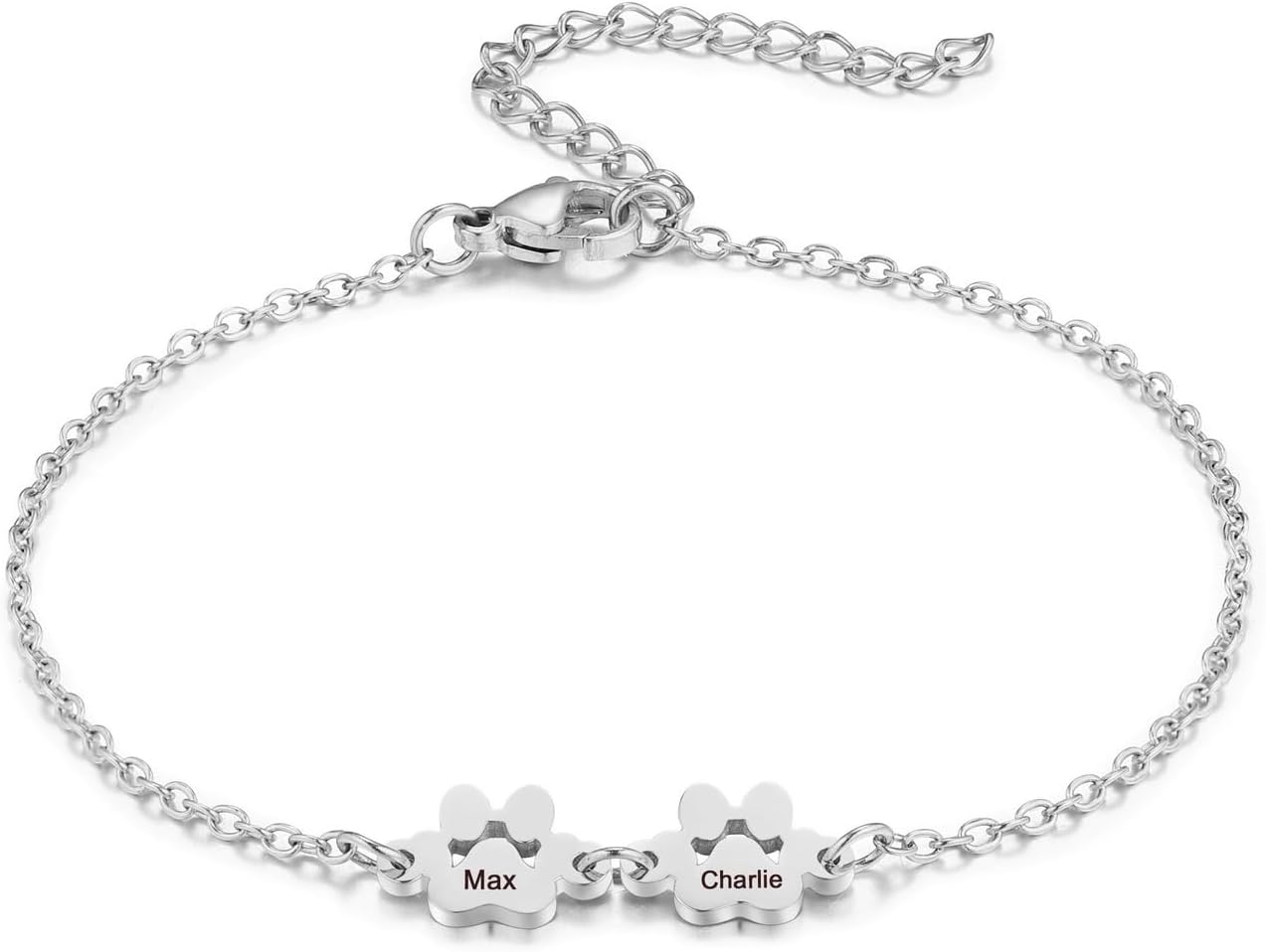 MeMeDIY Personalized Paw Print Bracelet for Women Engraved 1-5 Names Dog Cat Pet Paw Bracelet Adjustable Chain Dog Jewelry Memorial Gifts for Pet Lovers