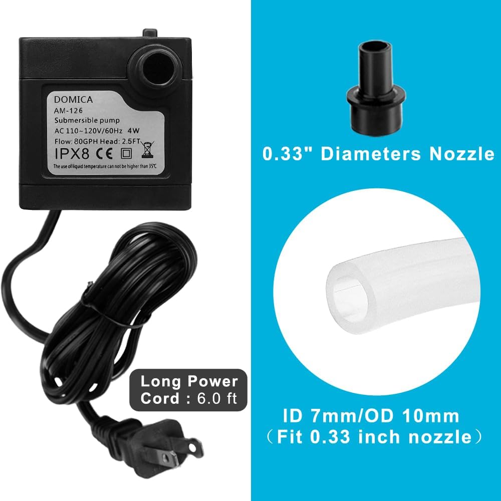 DOMICA (80GPH 4W) Mini Submersible Water Pump with 2.2FT Tube for Pond, Aquariums, Fish Tank, Hydroponics, Tabletop Fountain, Pet Fountain, Indoor or Outdoor Fountain Pump
