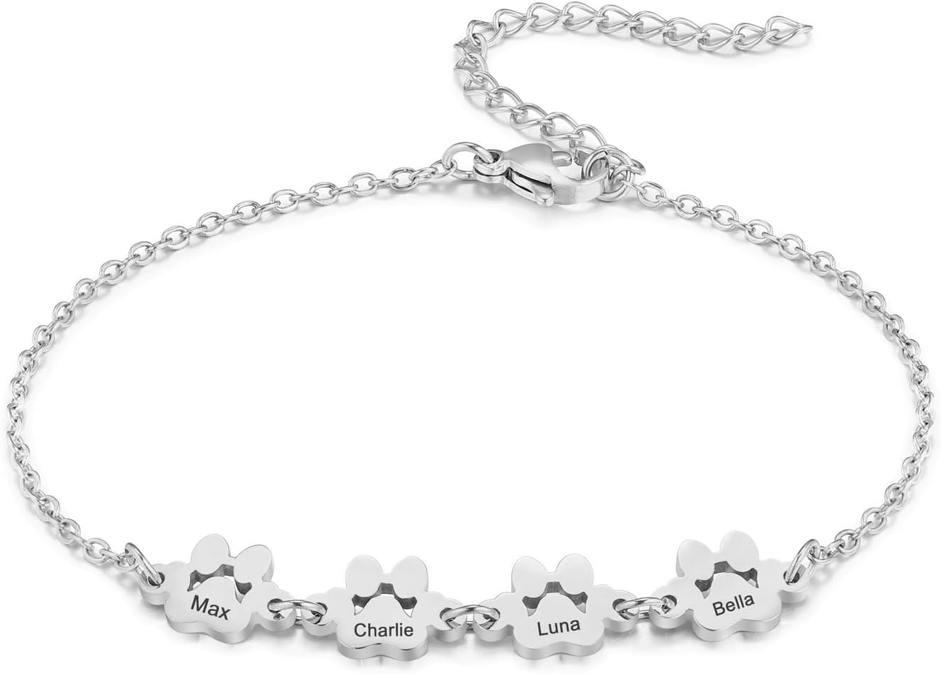 MeMeDIY Personalized Paw Print Bracelet for Women Engraved 1-5 Names Dog Cat Pet Paw Bracelet Adjustable Chain Dog Jewelry Memorial Gifts for Pet Lovers