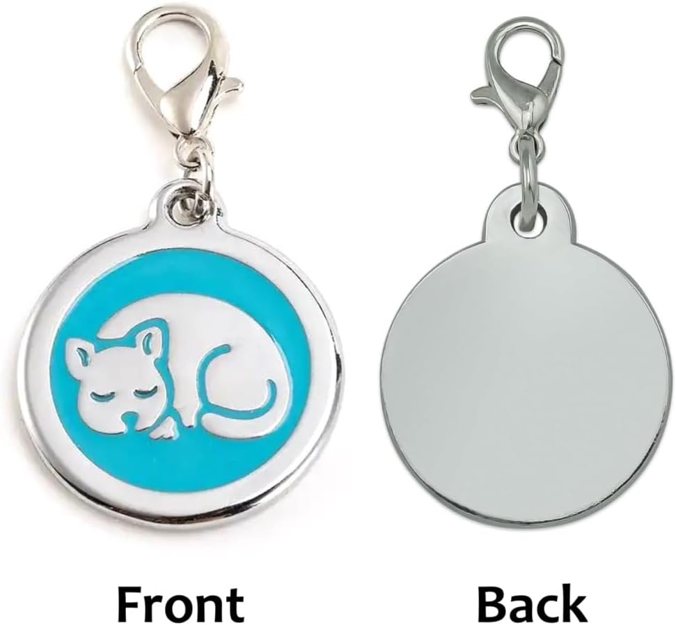 Personalized Pet ID Tags with Lobster Claw Clasp for Kittens and Cats - Small pet Tags for Cats, cat Name Tags for Collar, Custom cat id tag (Sleeping-Round-Small: Blue)