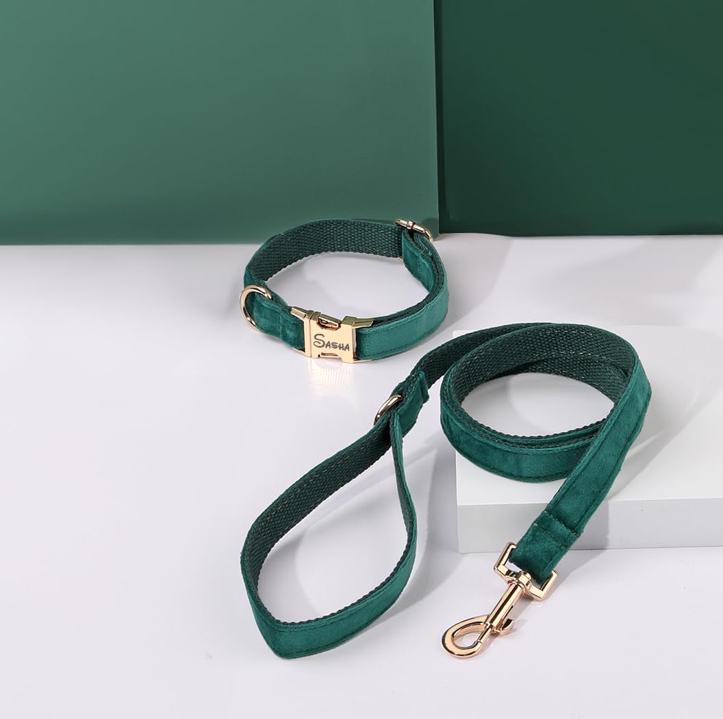 Custom Name Dog Collar, Engraved Personalized Dog Collar with Name on it and Phone Number, Quick Release Gold Metal Buckle, Poop Bag, Harness, Leash Available, Red, Black, Emerald, Pink, Luxury Soft Comfy Velvet Collar (Small)