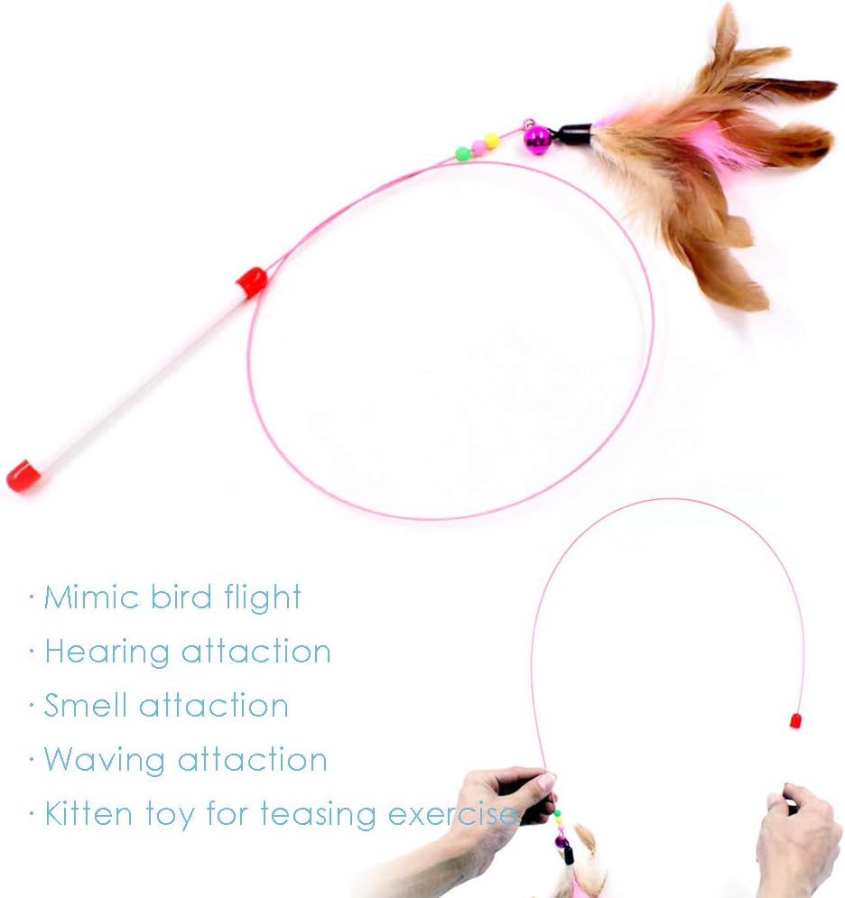 MAIYU Cat Feather Wand Toy - 3 Pack Steel Wire Feather Interactive Cat Stick Training - Beads Bells Kitten Wand Toys Pet Teaser