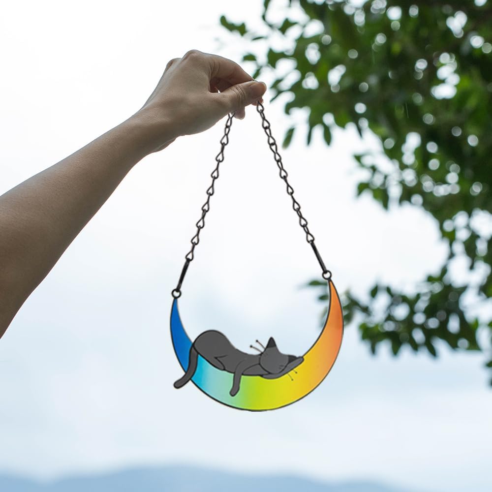callie Cat Memorial Gifts for Loss of Cats, Pet Memorial Suncatcher Decor for Windows Hanging, Sympathy Bereavement Gift for Cat Lovers (Rainbow Lying)