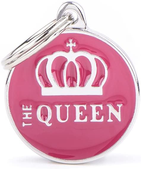 My Family Personalized Pet ID Tag Made in Italy, Medium Circle The Queen, Free Engraving, Hand Enamelled, Charms Collection