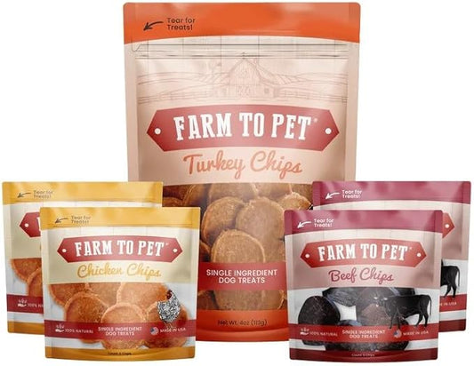 Farm To Pet - Dog Training Treats Starter Pack - Turkey 4oz + 2 Chicken + 2 Beef Snack Chips - Single Ingredient, All Natural, Lean, Hypoallergenic Treats for Small, Medium, Large Breeds & Puppies