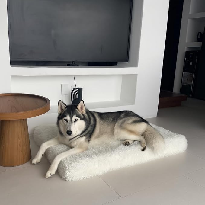 IHAPPYDOG Luxury Faux Fur Orthopedic Dog Beds, Memory Foam Crate Bed for Small, Medium, Large and XL Pets, Fluffy Pet Bed with Waterproof and Washable Cover, Fits Crates (White, 41"x27")