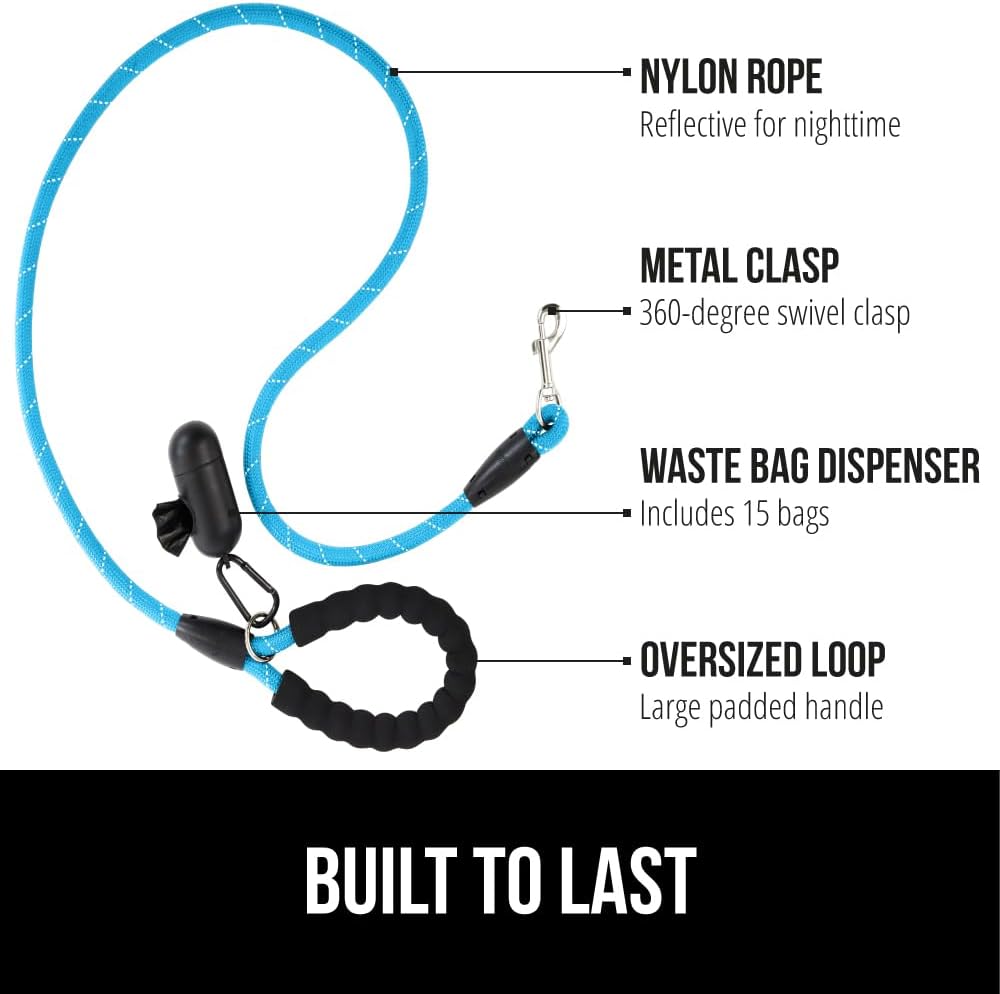 GORILLA GRIP Dog Leash, Heavy Duty Reflective Rope Leashes for Large, Medium, Small Breed Dogs, Puppy Training Essential for Walks, Hikes, Soft Handle, Rotating Metal Clip, Waste Bag Dispenser, Blue