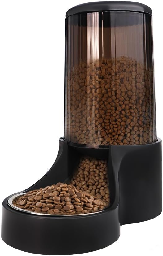 Automatic Cat Feeder, 3.8L Large Gravity Cat Food Dispenser with Detachable Top Lid, Visible Bottle and Stainless Steel Bowl for Pets (Full Black)