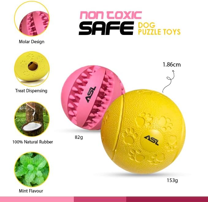 ASL Interactive Dog Treat Ball, 2-Pack Durable Chew Balls for Puppies and Dogs Enrichment Toys for Large Dogs & Small Dogs, Durable Balls for Teeth Cleaning/IQ Training/Chewing