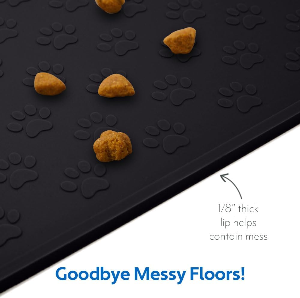 MIGHTY MONKEY 100% Waterproof Dog Food Mat, Raised Edges Silicone Pet Feeding Placemat for Cat, Dogs, Pet Bowls, High Lipped Tray Prevents Water Spills, Food on Floor, Dishwasher Safe, 24x16, Black