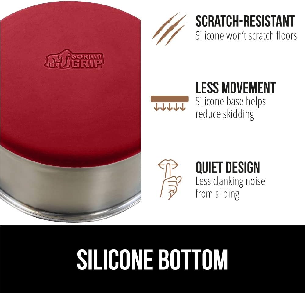 GORILLA GRIP Stainless Steel Metal Dog Bowl, Rubber Base, Heavy Duty Feeding Dish, Food Grade BPA Free, Less Sliding on Floors, Quiet Pet Bowl for Cats and Dogs, Holds 2 Cups (16 fl oz), Red