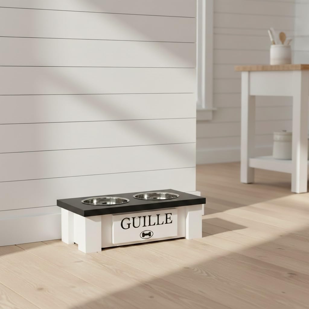 GrooveThis Woodshop - Personalized Elevated Dog Bowl Stand for Large, Medium, Small, X-Small Dogs - Stainless Steel Food and Water Bowls - Raised Dog Dish with Internal Storage (X-Small, Black)